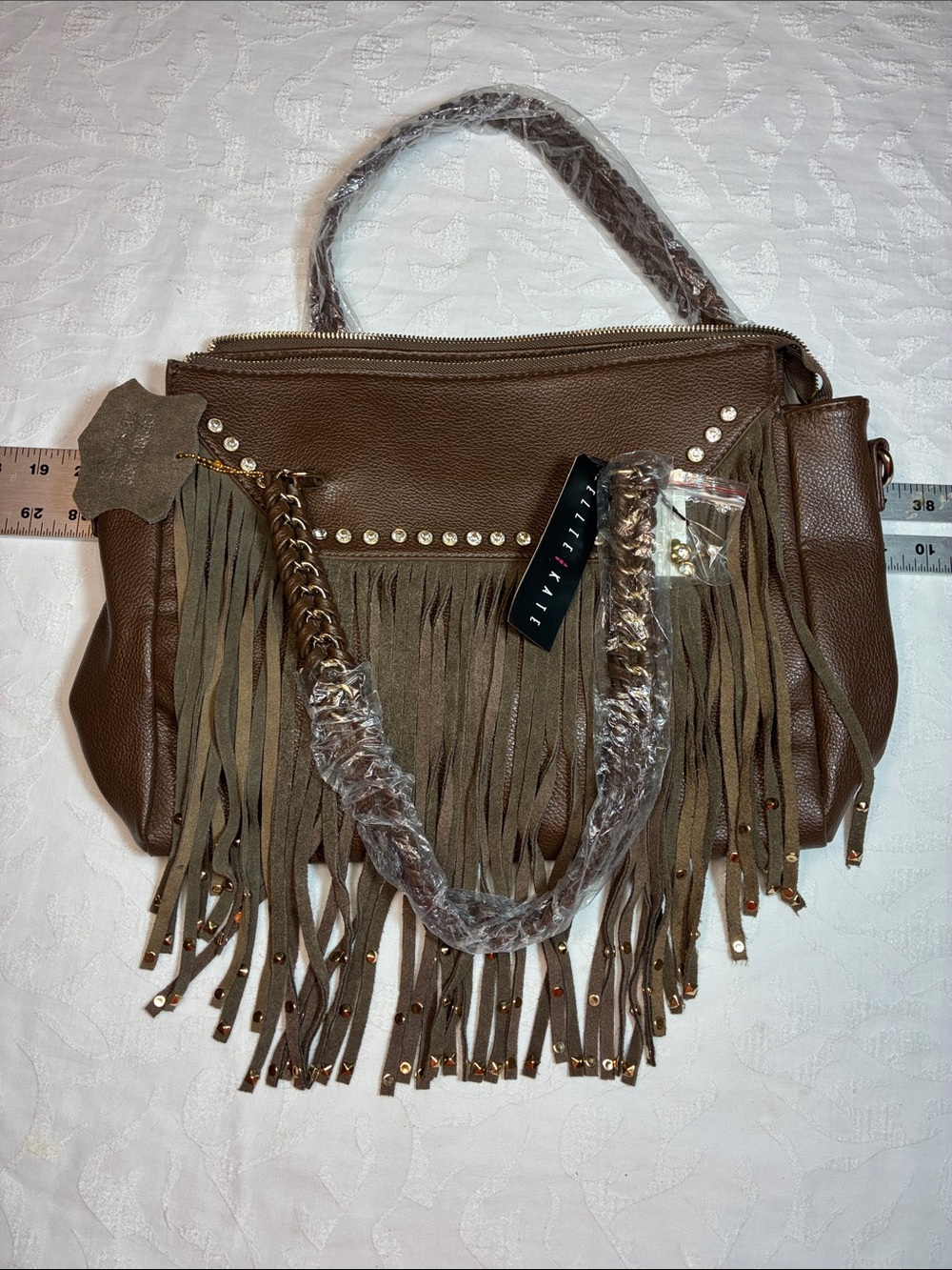 Fringe Shoulder Bag - Brown Faux Leather 16in wide x 11in tall